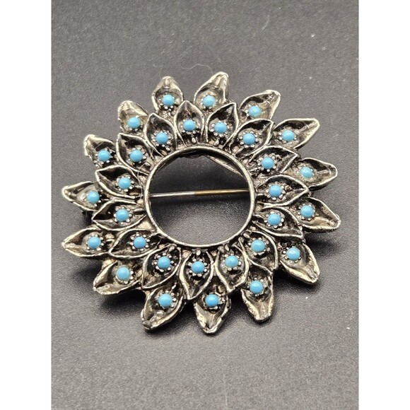 Silver tone Brooch Turquoise Colored Stones Starburst Western - Picture 1 of 8
